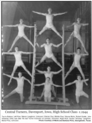 Boys gymnastic team, Central Turner Society, Davenport, c. 1944. The Quad Cities were home to several Turner societies for both men and women. Several still remain active. Additional images and artifacts of Eastern Iowa Turner Societies can be found on the website of the Schuetzen Park in Davenport.