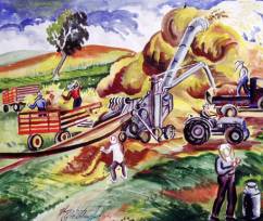 “Threshing,” painting by Eve Drewelowe, 1899-1988, who was born Eva Drewlow in New Hampton, Iowa. For more images of Drewelowe’s art, please consult the Eve Drewelowe Digital Collection at the University of Iowa Libraries.