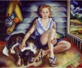 “Summertime with Sis and Soot,” painting by Eve Drewelowe, 1899-1988. Drewelowe, a daughter of German immigrants, received the University of Iowa’s first Master’s degree in studio arts in 1924. For more on her life and work, please see the University of Iowa Libraries page on Pioneering Artist Eve Drewelowe.