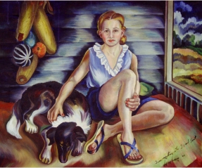 “Summertime with Sis and Soot,” painting by Eve Drewelowe, 1899-1988. Drewelowe, a daughter of German immigrants, received the University of Iowa’s first Master’s degree in studio arts in 1924. For more on her life and work, please see the University of Iowa Libraries page on Pioneering Artist Eve Drewelowe.